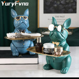 YuryFvna French Bulldog Figurine with Tray Sculpture Desk Storage Statue Decorative Coin Bank Home Room Abstract Art Decoration