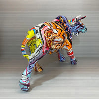 NORTHEUINS Graffiti Painting Resin Bull Figurines Home Living Room Bedroom Office Desktop Feng Shui Ornaments Collection Statues
