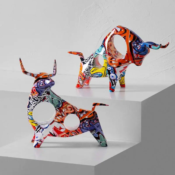 Bull Statue Resin Graffiti Bull Statue Full Color Minimalistic Bull Decor Figurine Creative Abstract Bull Sculpture Accessories