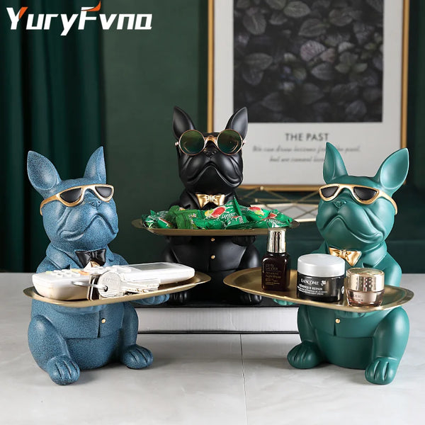 YuryFvna French Bulldog Figurine with Tray Sculpture Desk Storage Statue Decorative Coin Bank Home Room Abstract Art Decoration