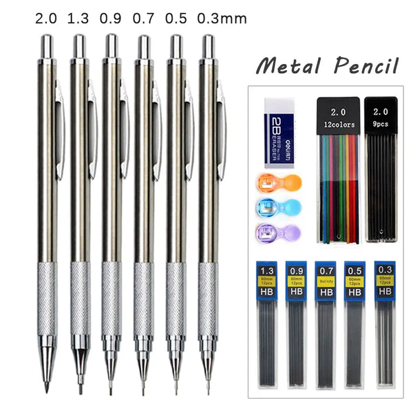 Metal Mechanical Pencil Set 0.3 0.5 0.7 0.9 1.3 2.0mm Lead Refills Art Automatic Drafting Sketching Pencils Office School Supply