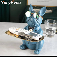 YuryFvna French Bulldog Figurine with Tray Sculpture Desk Storage Statue Decorative Coin Bank Home Room Abstract Art Decoration