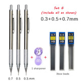 Metal Mechanical Pencil Set 0.3 0.5 0.7 0.9 1.3 2.0mm Lead Refills Art Automatic Drafting Sketching Pencils Office School Supply